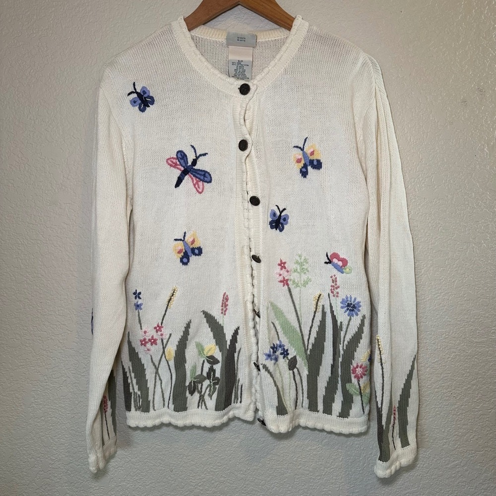 VTG Northern Reflections Womens S Cardigan Sweater Butterfly Floral Embroidered